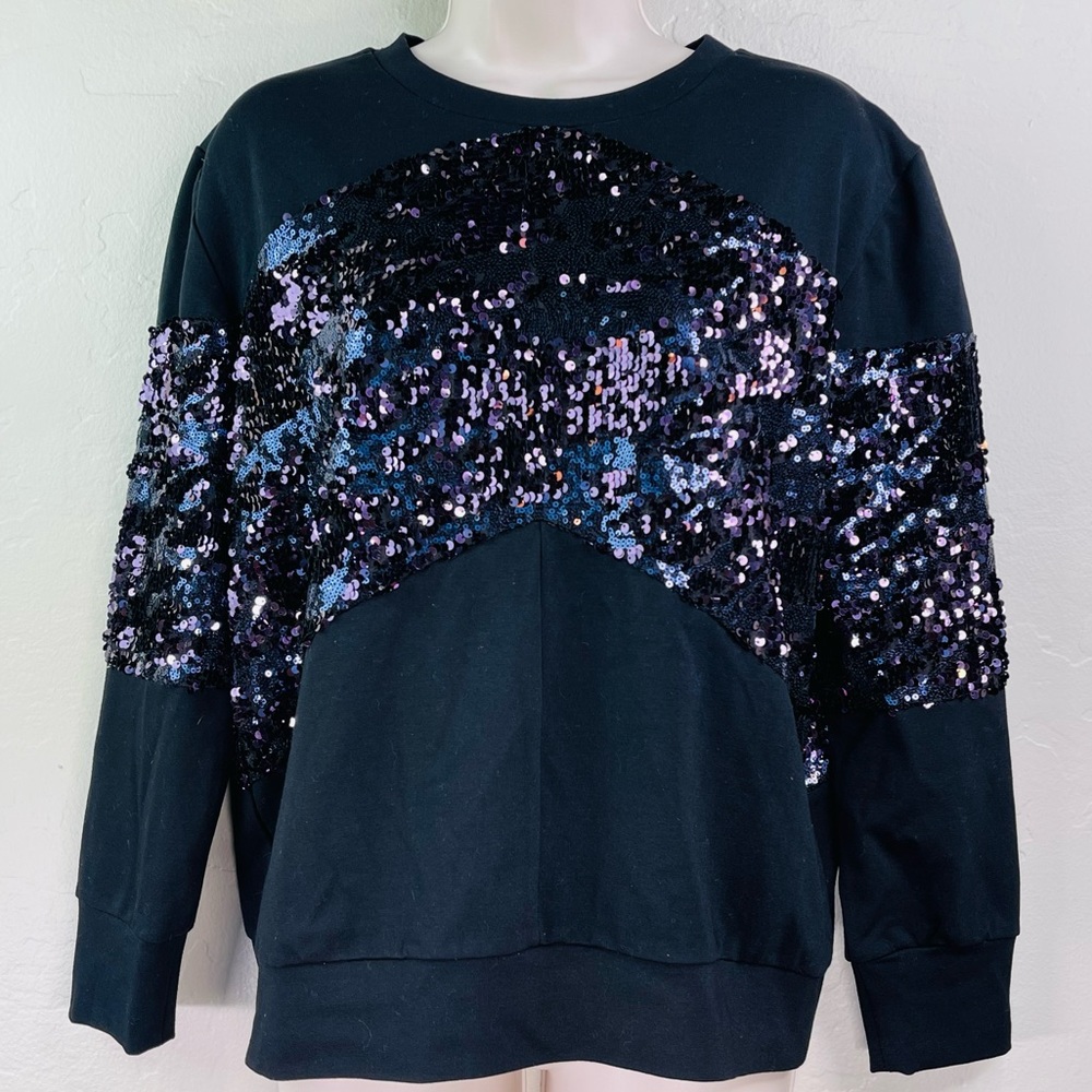 Pencey Womens Pullover Sweatshirt Black Purple Sequins Chevron Sparkle S